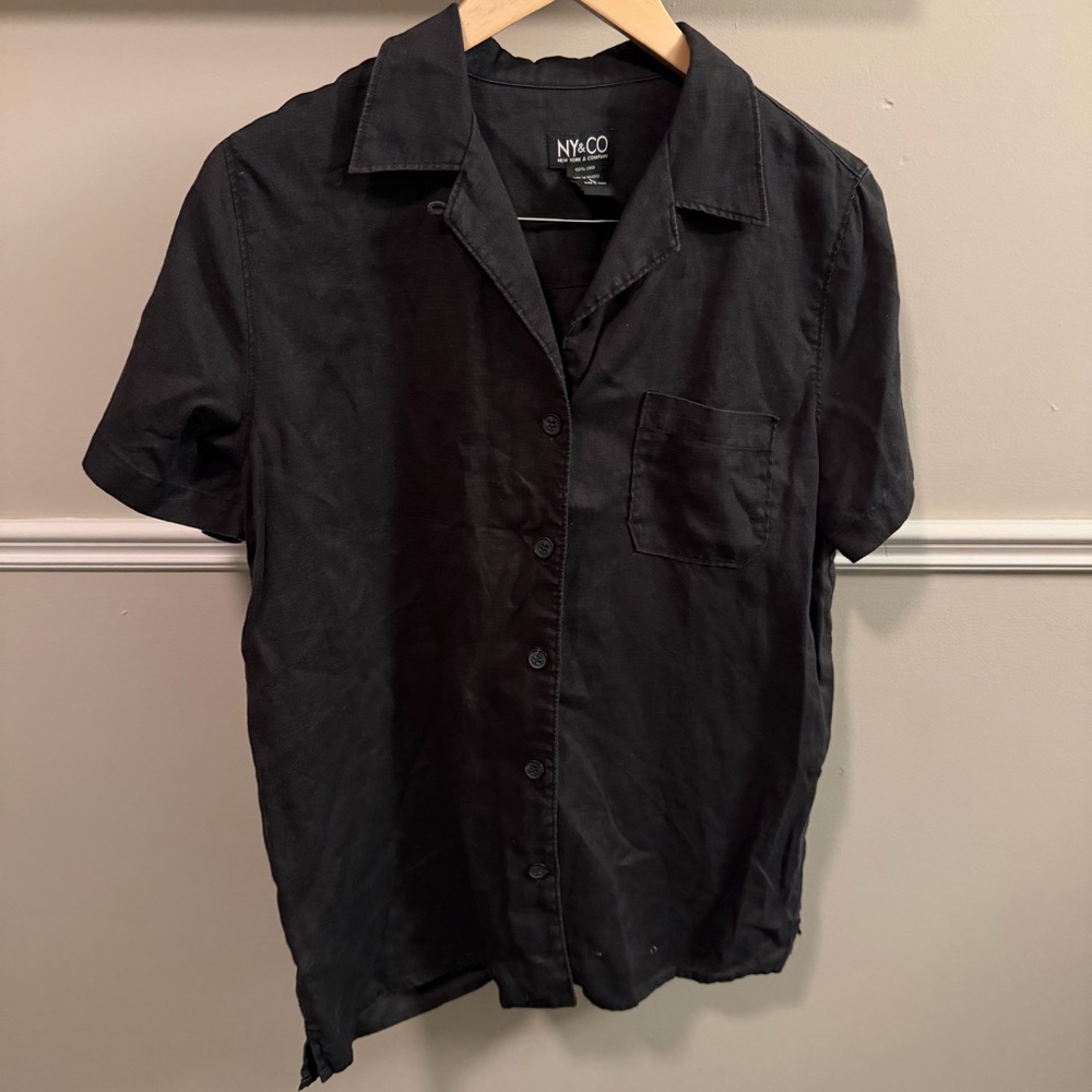 NY & Co 100% Linen Black Button Front Shirt Women’s Large Short Sleeve Pocket